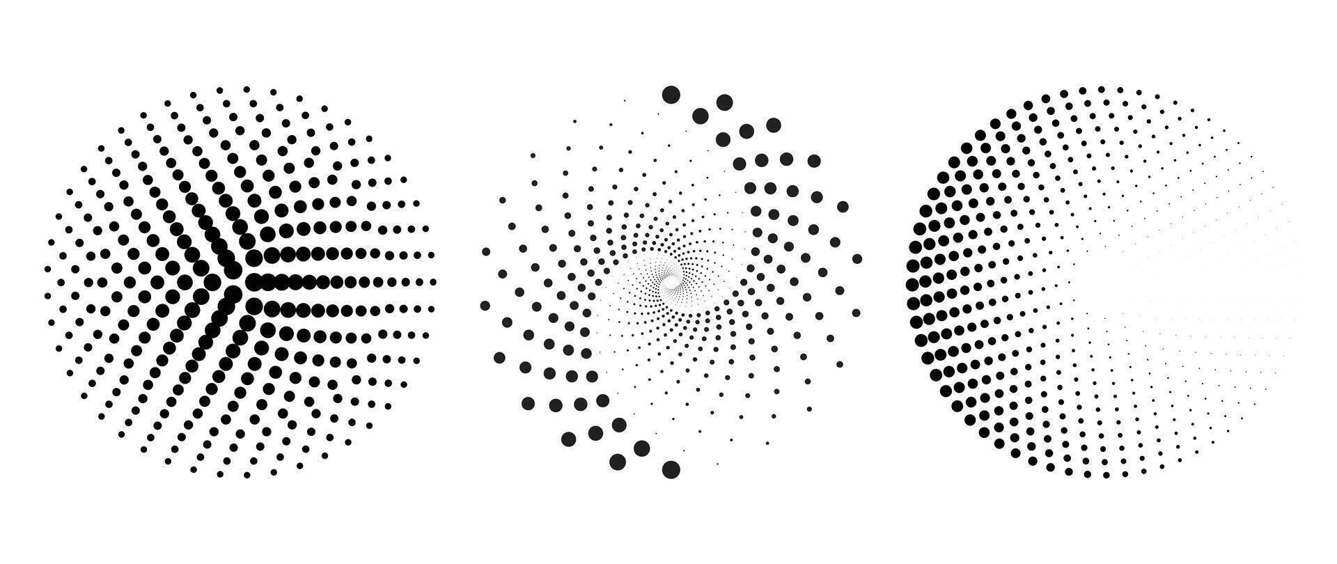 Halftone dot pattern vector set. Monochrome gradient dotted modern texture and fade distressed overlay. Radial design for poster, cover, banner, business card, mock-up, sticker, layout, backdrop.