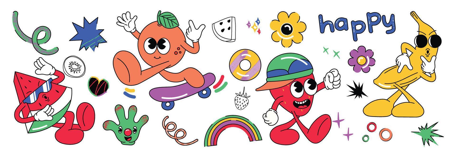 Set of fresh fruit groovy element vector. Funky fruits character design of banana, orange, strawberry, watermelon. Summer juicy illustration for branding, sticker, fabric, clipart, ads. vector