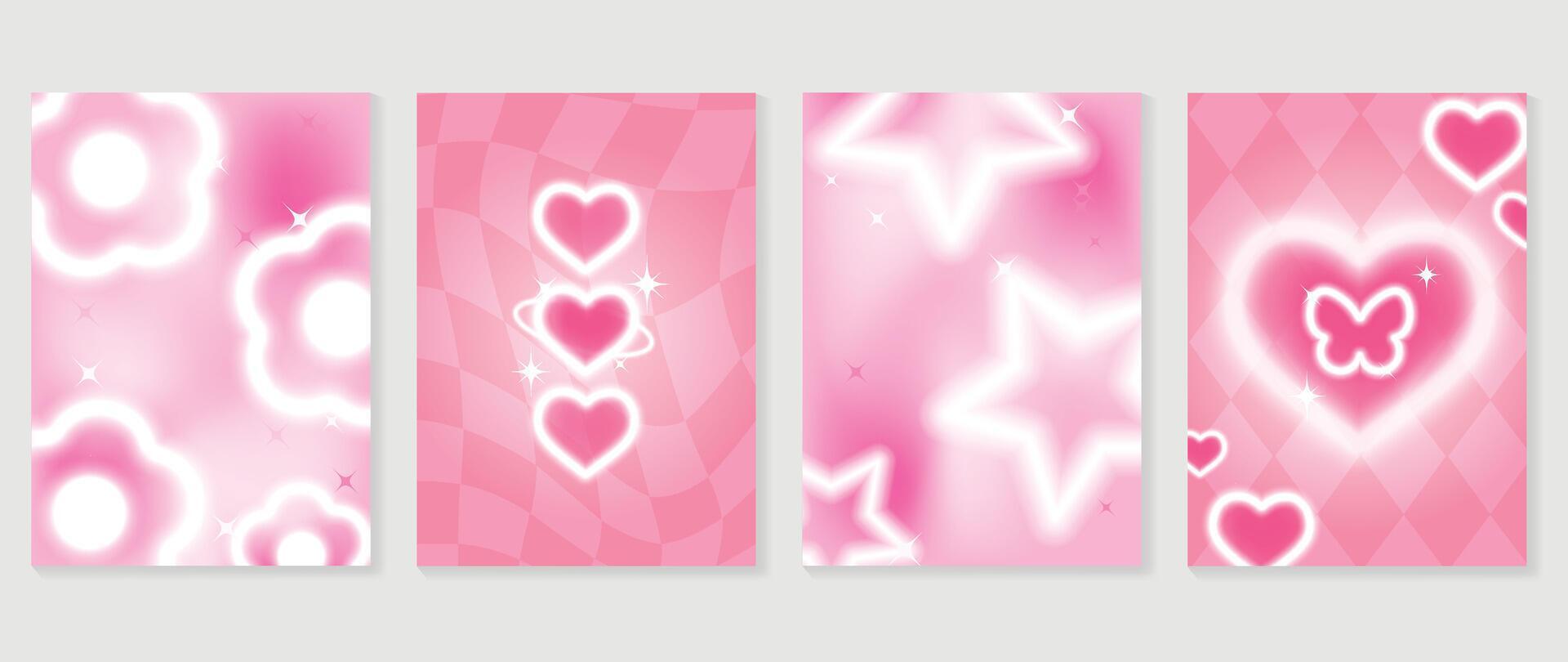 Abstract gradient Y2K style template cover vector set. Happy Valentine's Day decorate with trendy pink gradient heart, stars, butterfly, flower. Design for greeting card, fashion, commercial, banner.