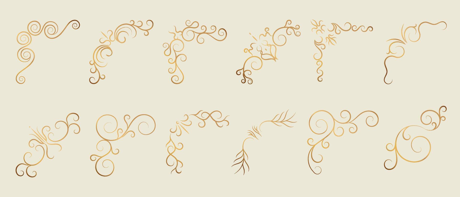 Luxury gold ornate invitation vector set. Collection of ornamental curls, dividers, border, frame, corner, components. Set of elegant design for wedding, menus, certificates, logo design, branding.