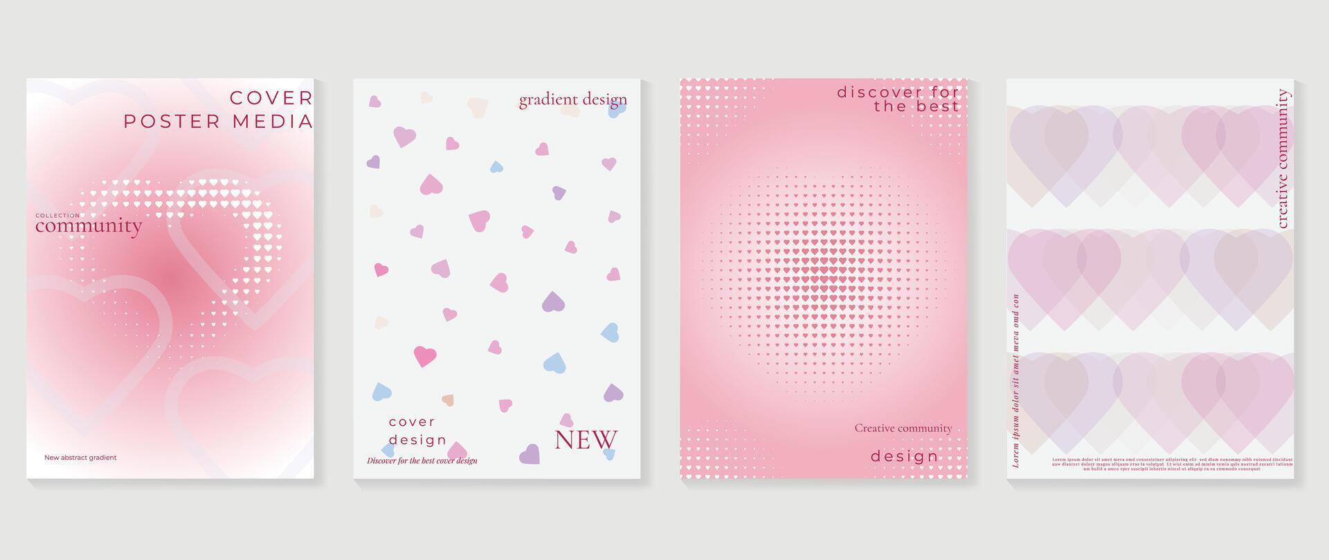 Abstract gradient Y2K style template cover vector set. Happy Valentine's Day decorate with gradient heart, pink and white background, halftone. Design for greeting card, fashion, commercial, banner.