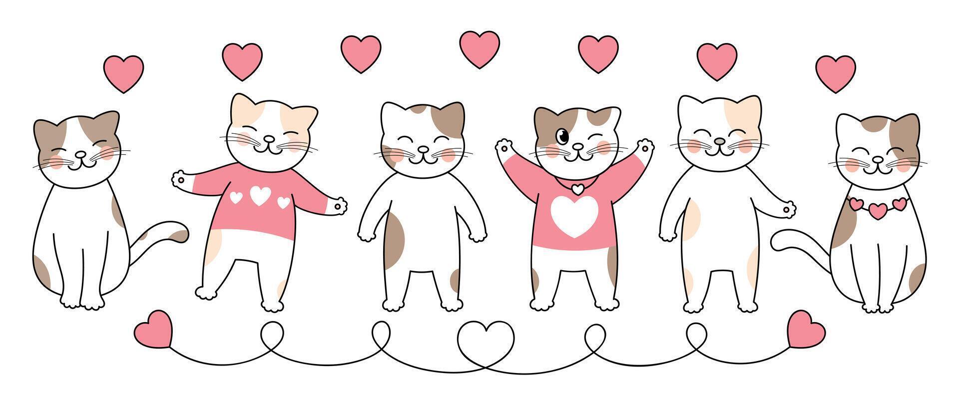 Cute cats in valentine day lovely pet vector. Collection of cats with little heart. Adorable animal characters for clipart, decoration, prints, cover, greeting card, sticker, banner. vector