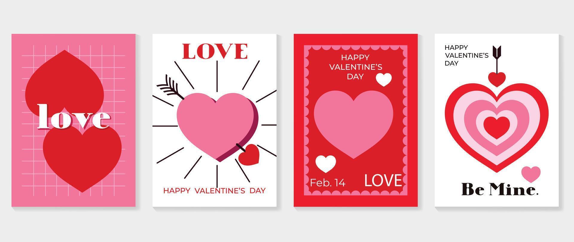Happy Valentine's day love cover vector set. Romantic symbol wallpaper of geometric shape pattern, heart shaped icon. Love illustration for greeting card, web banner, package, cover, fabric.