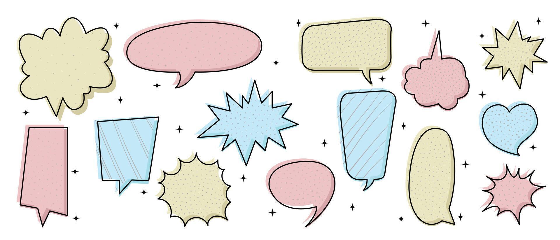Set of doodle and speech bubble vector. Collection of contemporary figure, speech bubble different in funky groovy style. Chat design element perfect for banner, print, sticker, sale. vector