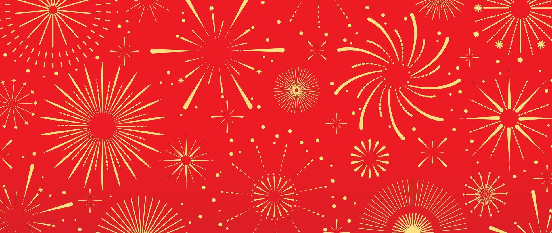 Festival chinese backdrop vector. Happy chinese new year wallpaper design with golden fireworks on red background. Modern luxury oriental illustration for cover, banner, website, decor, advert. vector