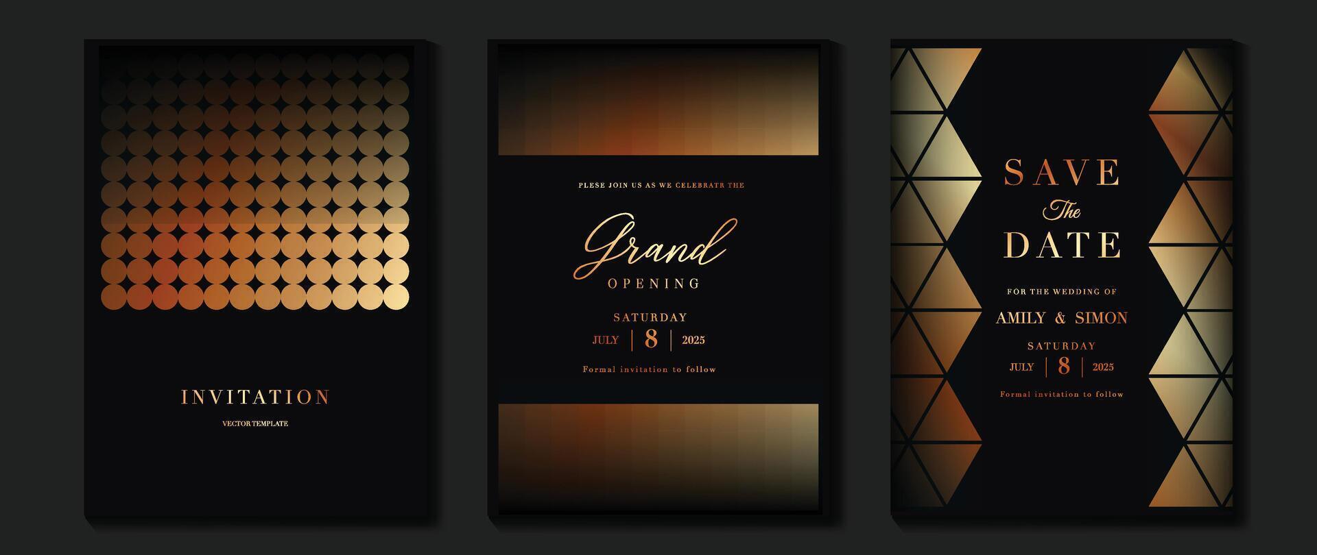 Luxury invitation card background vector. Golden elegant geometric shape pattern on dark background. Premium design illustration for gala card, grand opening, party invitation, wedding. vector