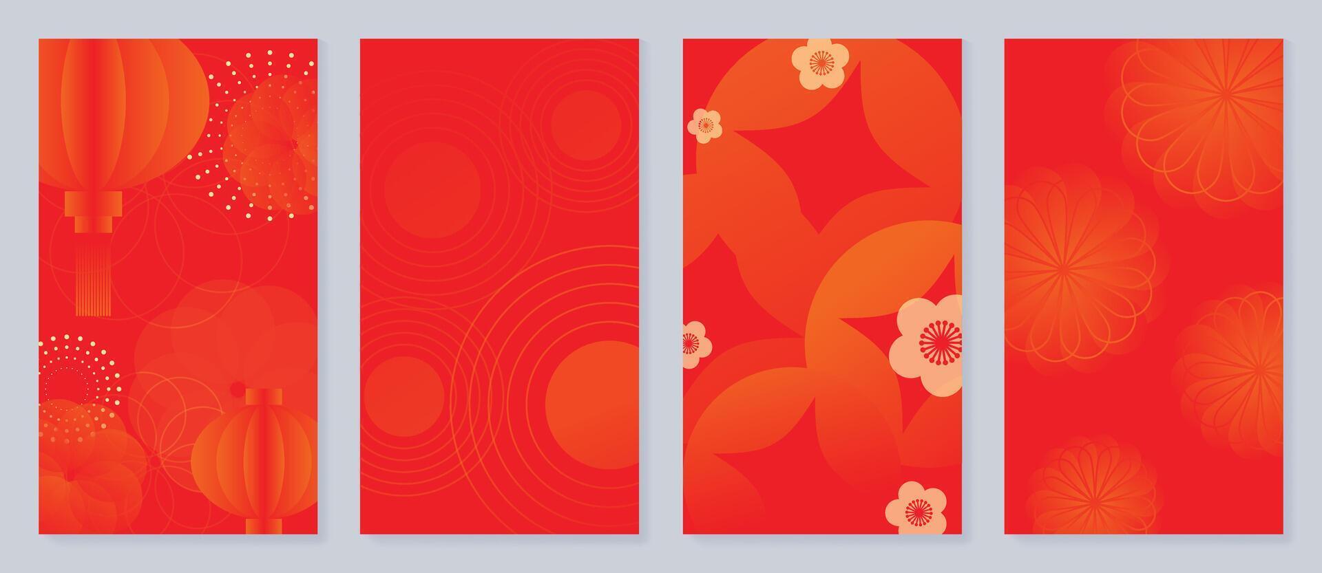 Chinese New Year cover background vector. Luxury background design with chinese lantern, flower, firework, line. Modern oriental illustration for cover, banner, website, social media. vector