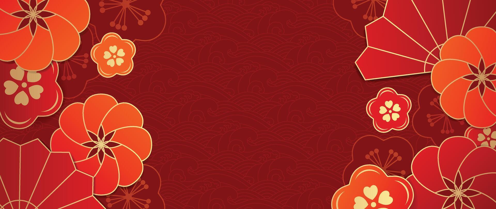 Happy Chinese new year backdrop vector. Wallpaper design with sea wave pattern, flower on red background. Modern luxury oriental illustration for cover, banner, website, decor, border, frame. vector