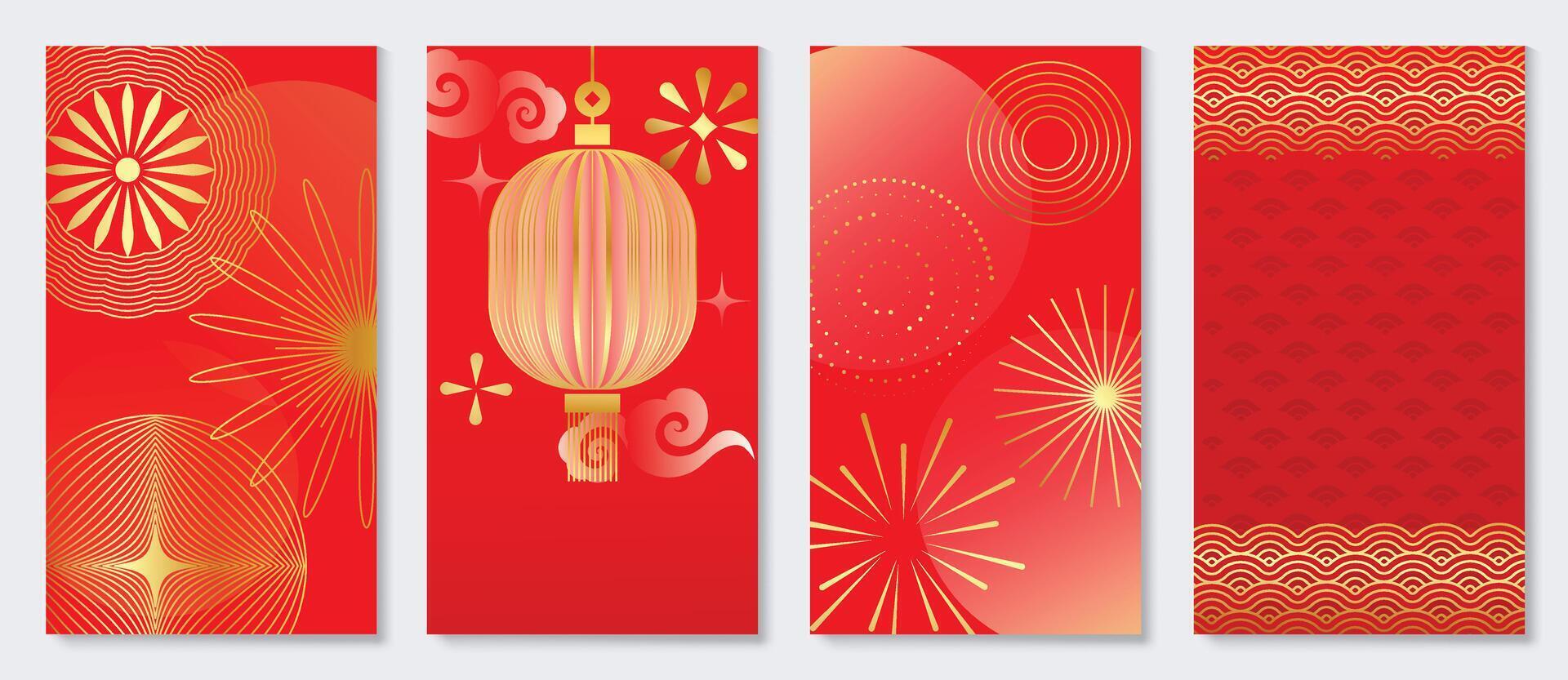 Chinese New Year cover background vector. Luxury background design with chinese pattern, flower, lantern cloud, firework. Modern oriental illustration for cover, banner, website, social media. vector