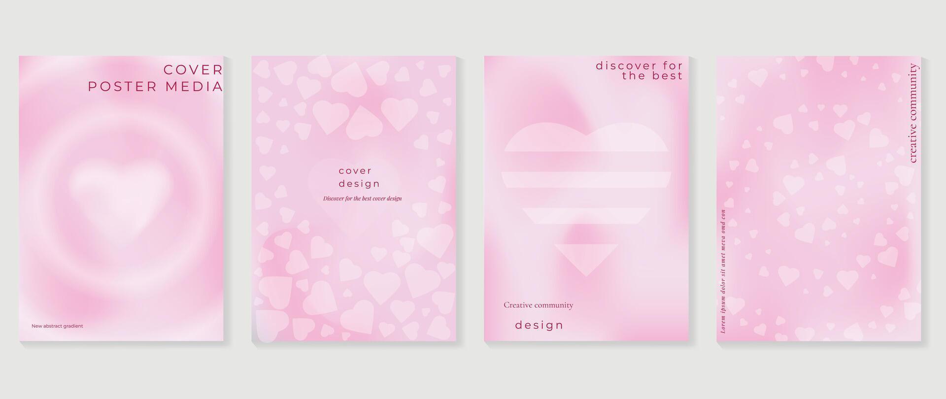 Happy Valentine's day love cover vector set. Romantic symbol poster decorate with trendy gradient heart pastel colorful background. Design for greeting card, fashion, commercial, banner, invitation.