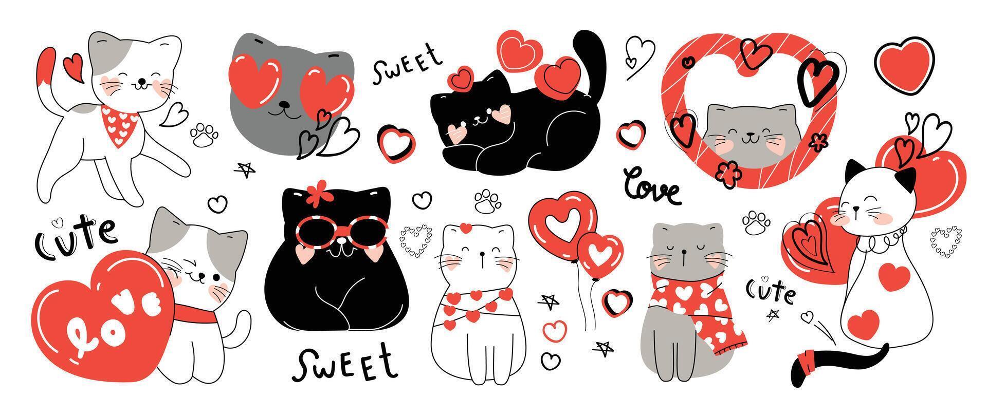 linda gatos en enamorado día encantador mascota vector. colección de gatos con pequeño corazón, globo. adorable animal caracteres para clipart, decoración, huellas dactilares, cubrir, saludo tarjeta, pegatina, bandera. vector