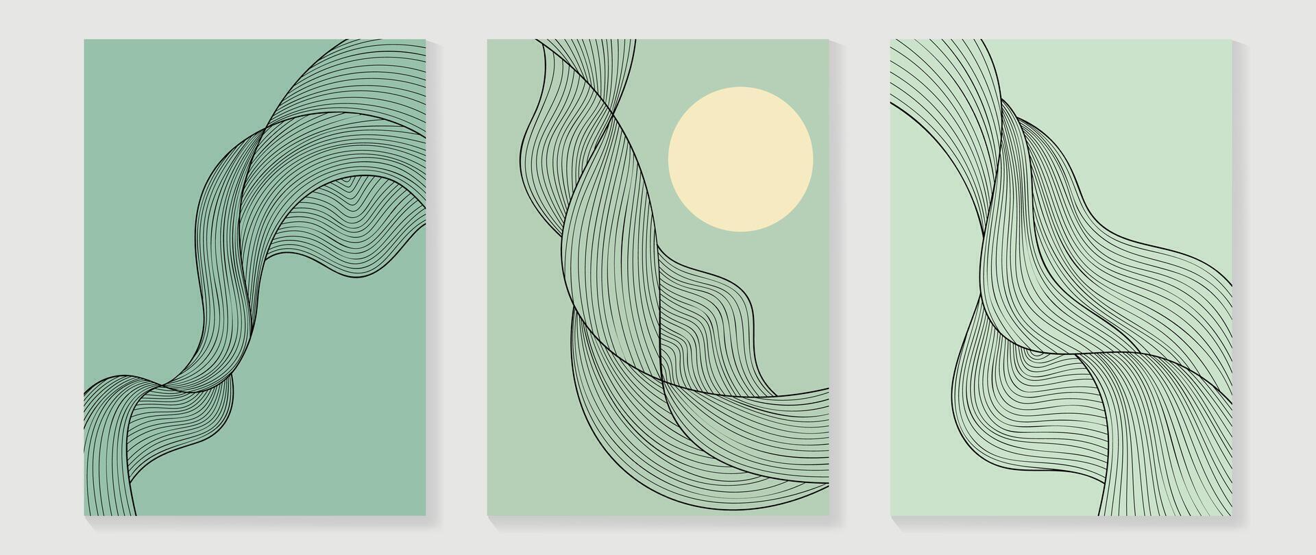 Abstract line art background vector. Minimalist modern contour drawing with wavy, moon on green color. Contemporary art design illustration for wallpaper, wall decor, card, poster, cover, print. vector