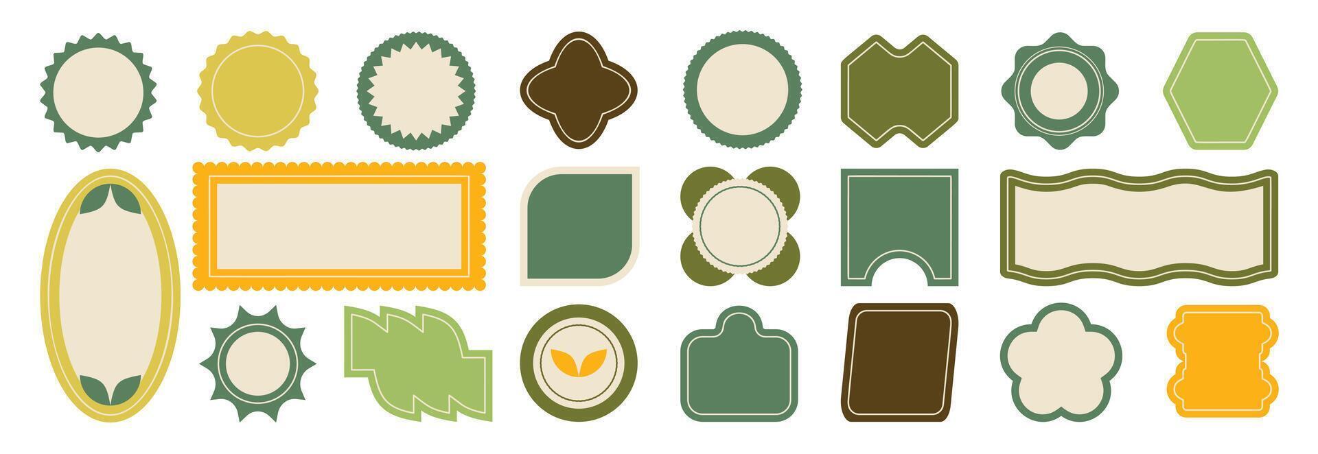 Set of geometric sticker badges vector. Organic banner collection of contemporary figure, leaf, sun, flower, circle, polygon. Eco friendly design for sign, tag, packaging, logo label, stamp, patches. vector
