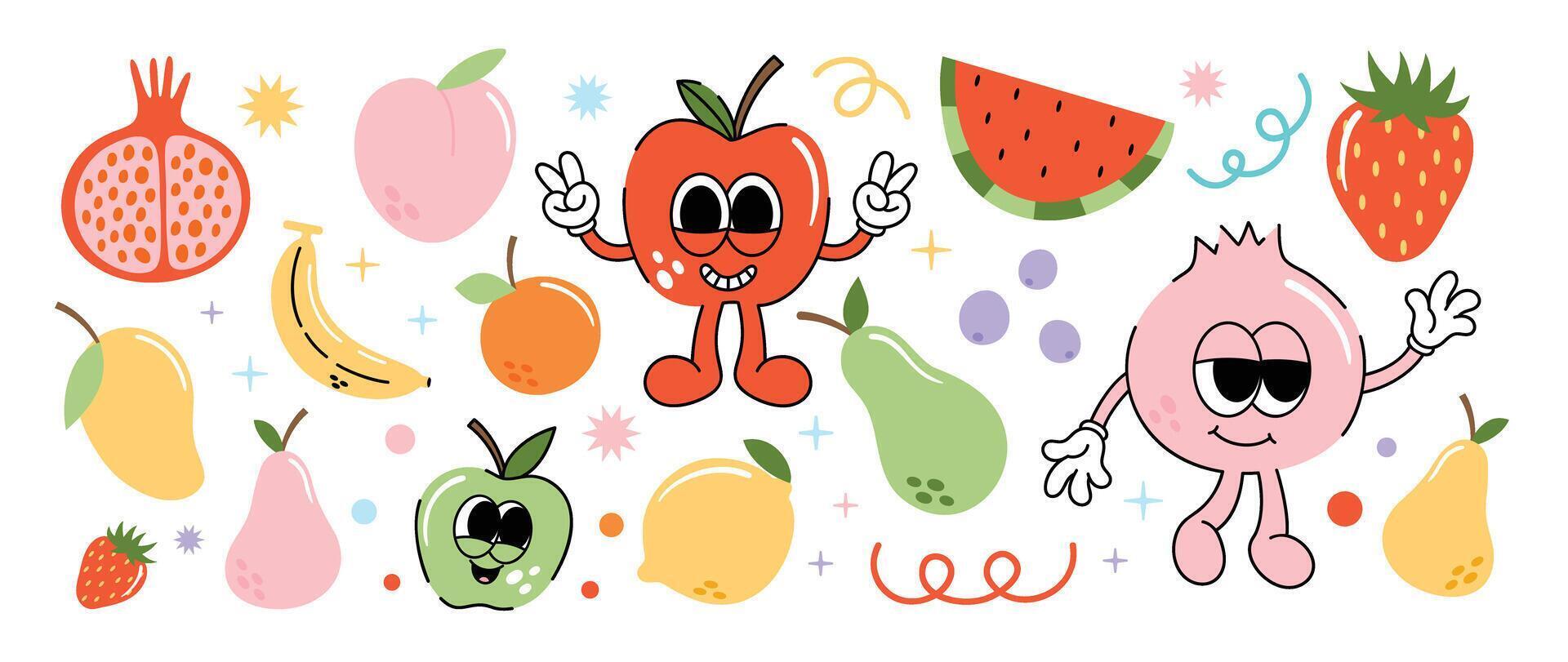 Set of fresh fruit groovy element vector. Funky fruits character design of banana, lemon, apple, strawberry, pomegranate. Summer juicy illustration for branding, sticker, fabric, clipart, ads. vector