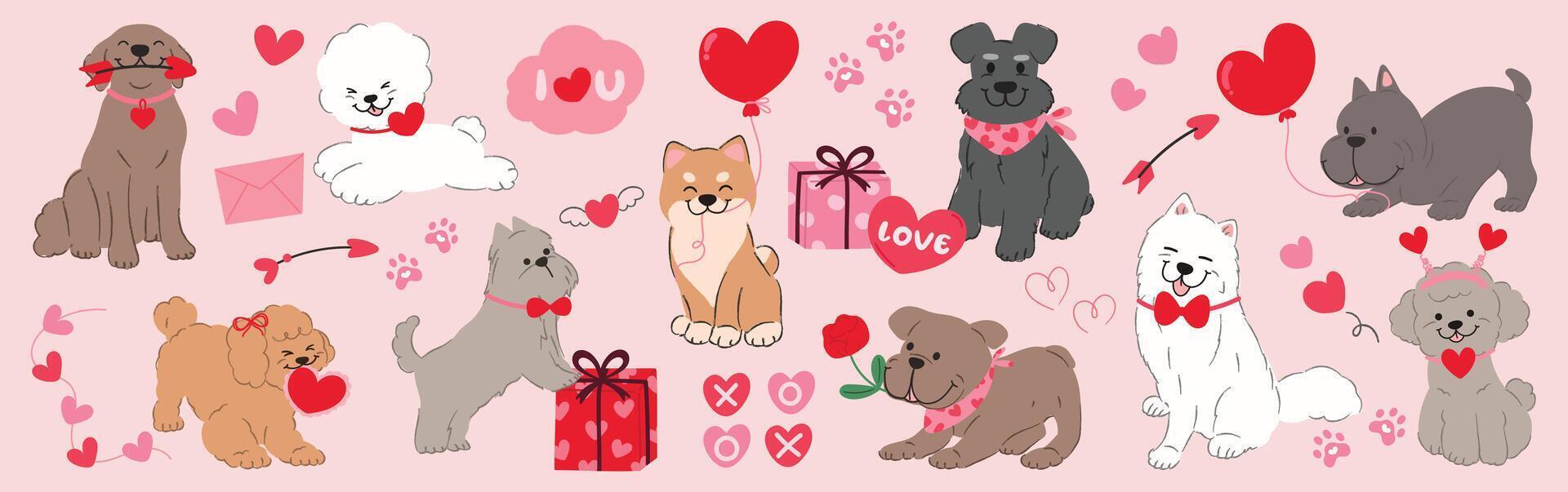 Cute dogs in valentine day lovely pet vector. Collection of dogs with little heart, balloon, gift. Adorable animal characters for clipart, decoration, prints, cover, greeting card, sticker, banner. vector