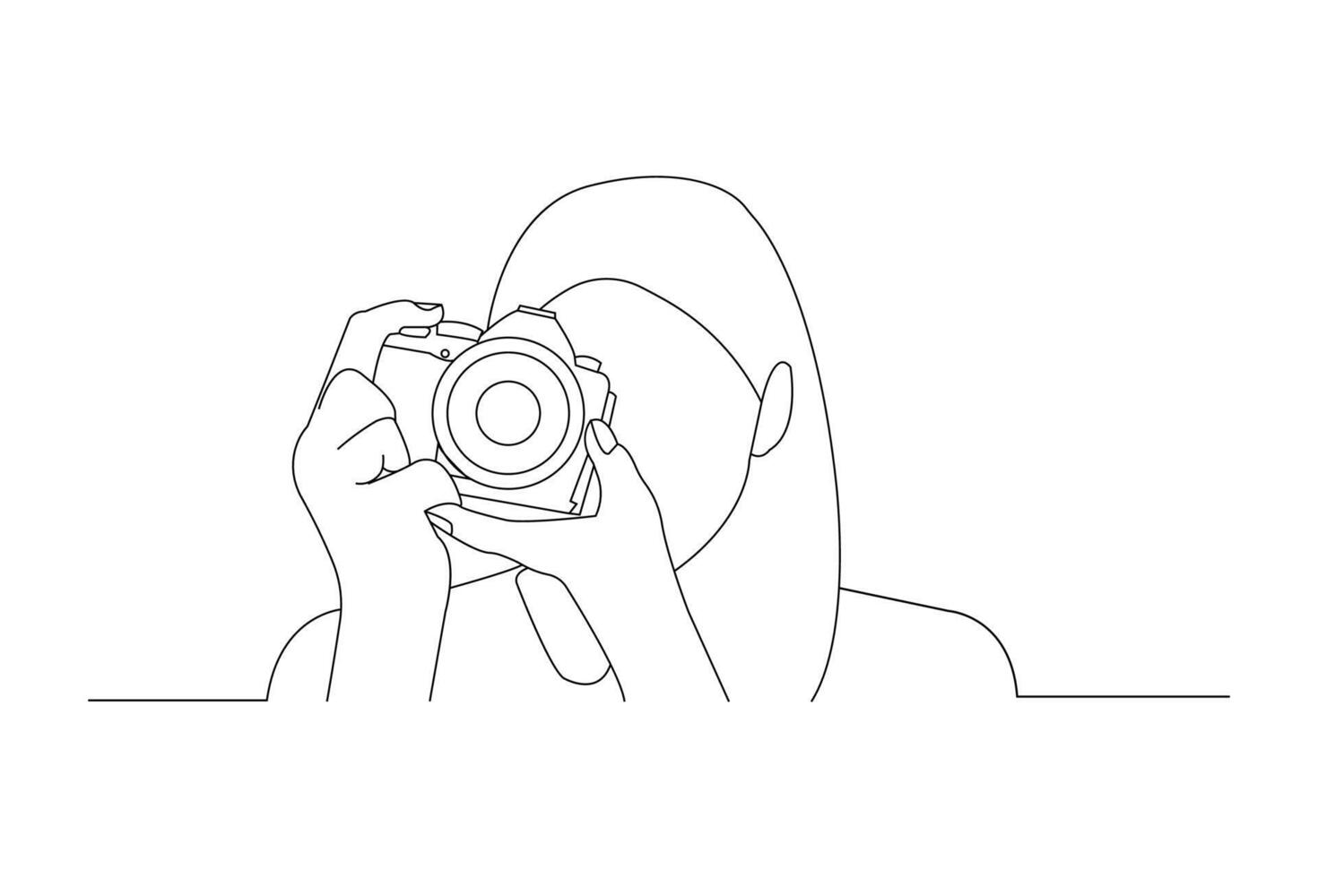 Girl holding camera continuous outline vector. Photographer taking photos with her camera continuous line drawing. vector