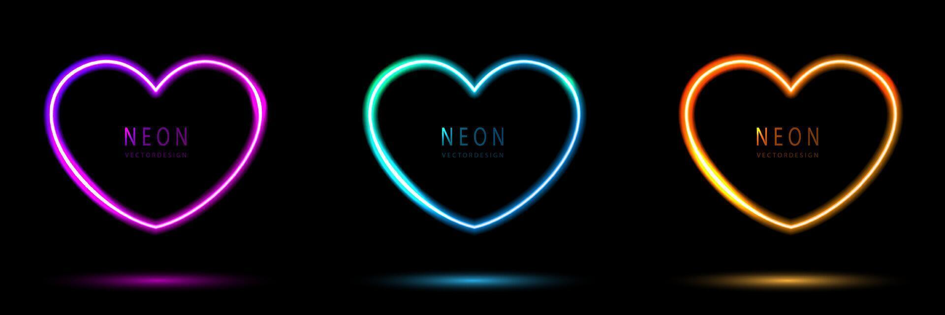 Set of neon light heart shape frames design on a dark background. gradient glowing borders. elements valentine day festival design. colorful futuristic Valentines Day. vector design.