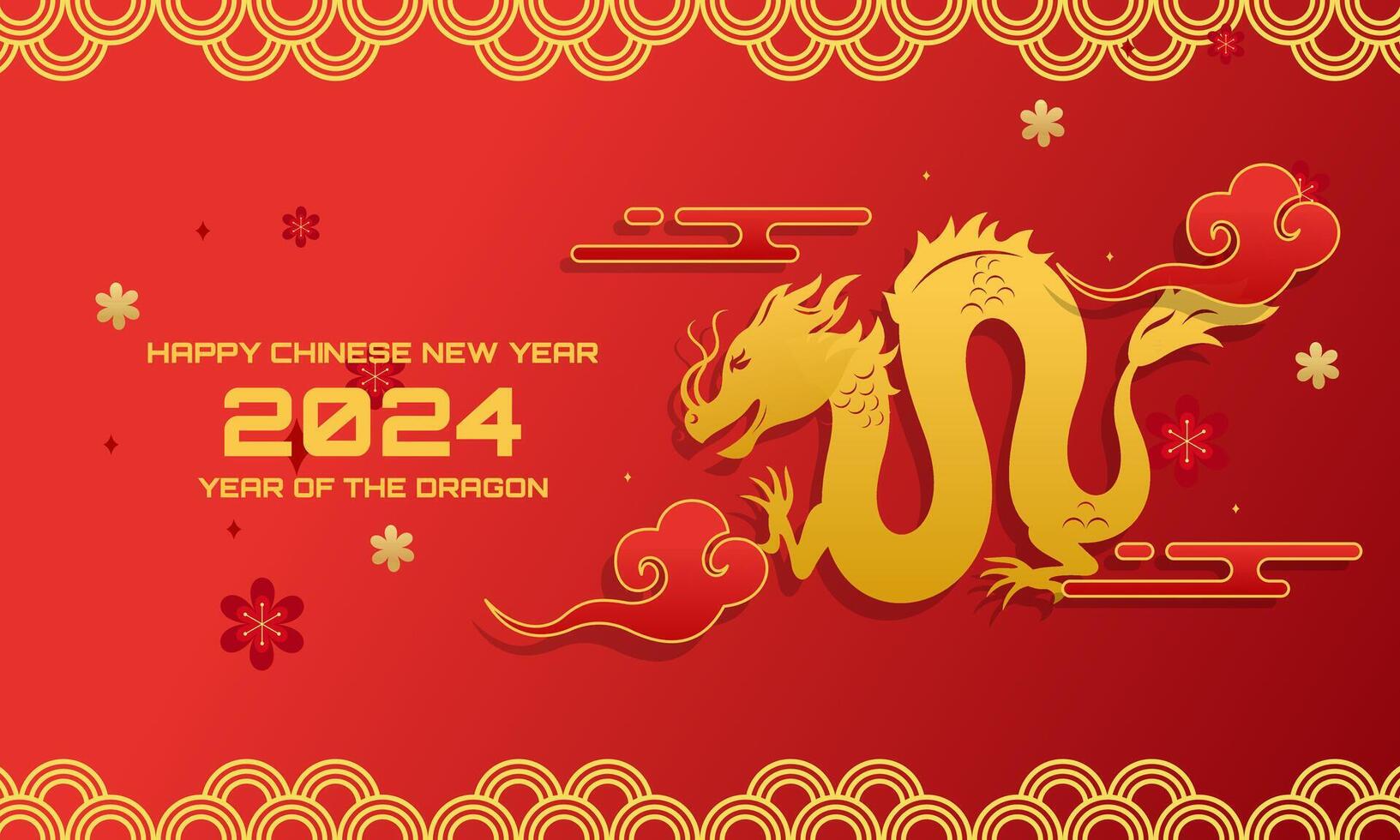 2024 Chinese new year, year of the dragon banner template design with dragons, clouds and flowers ba vector