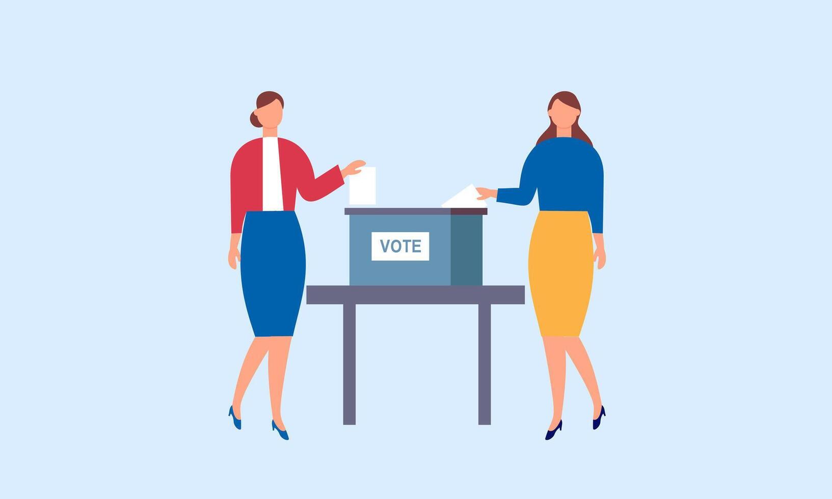 Polling place flat vector illustration. Voters persons casting ballots putting papers with vote into