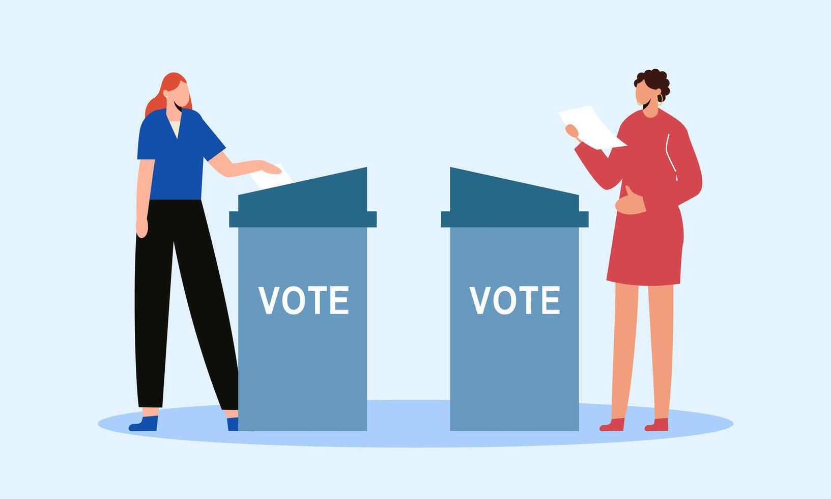 Polling place flat vector illustration. Voters persons casting ballots putting papers with vote into