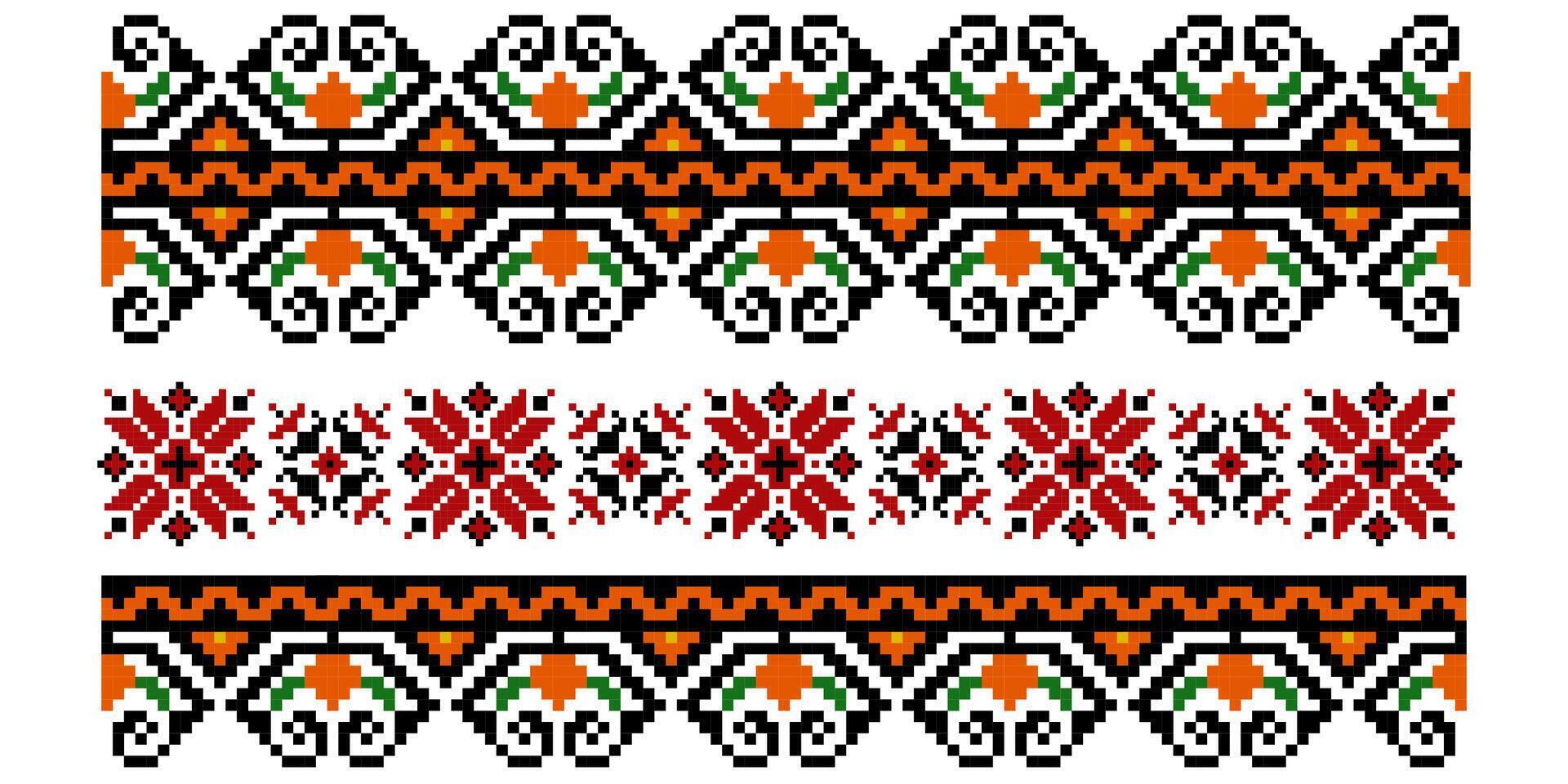Set of editable colorful seamless ethnic Ukrainian traditional cross stitch patterns for embroidery stitch. Floral and geometric ornaments. Vector illustration