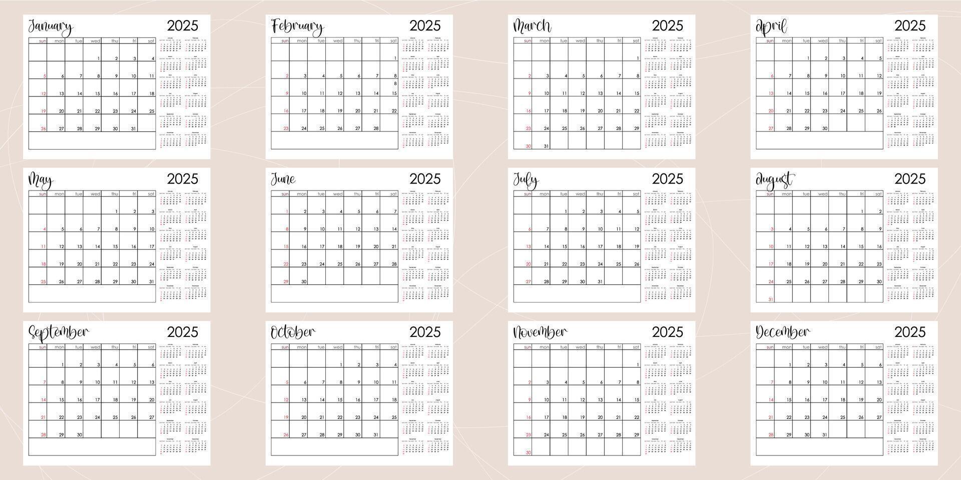 Bullet journal template. Monthly planer 2025. Week start from Sunday calendar. Ready to print 8,5x11 in pages. Vector illustration