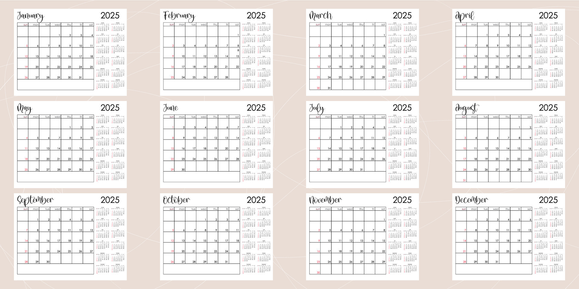 Bullet journal template monthly planer 2025 week start from sunday
