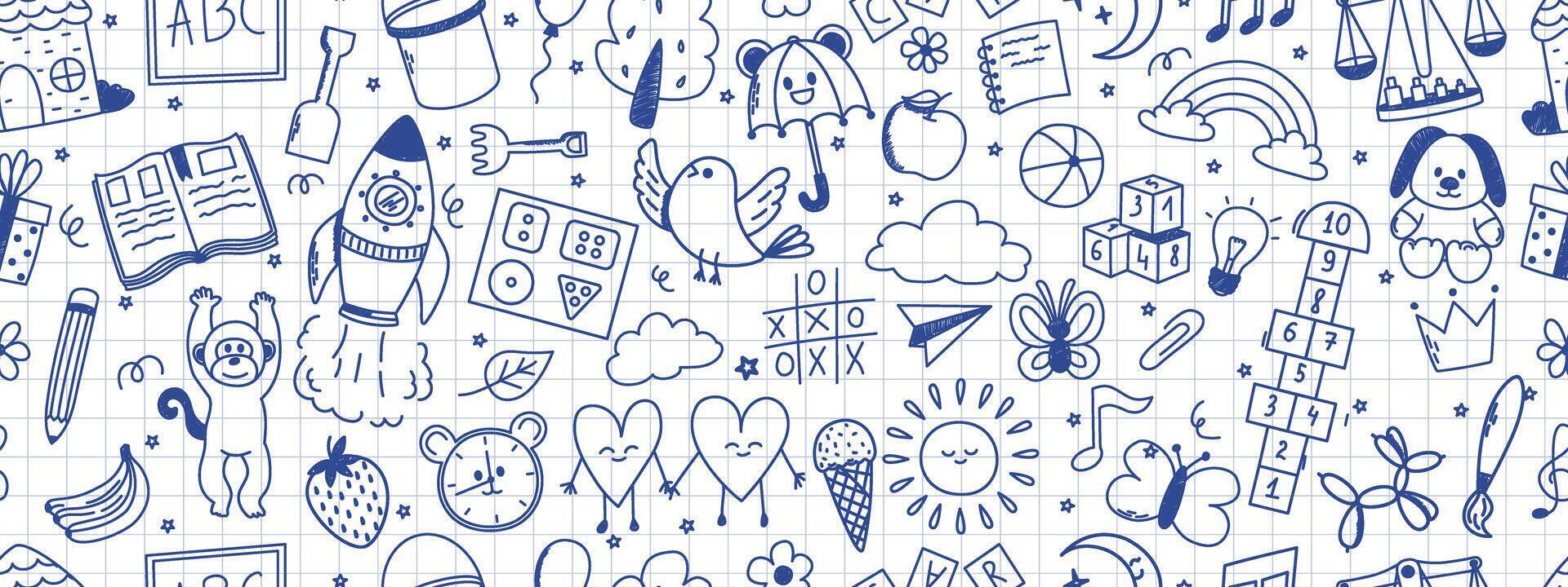 Seamless pattern with daycare elements. Rocket, hopscotch, toys, book, balloon, house, fruits and other elements. Scribbled with chalk texture. vector