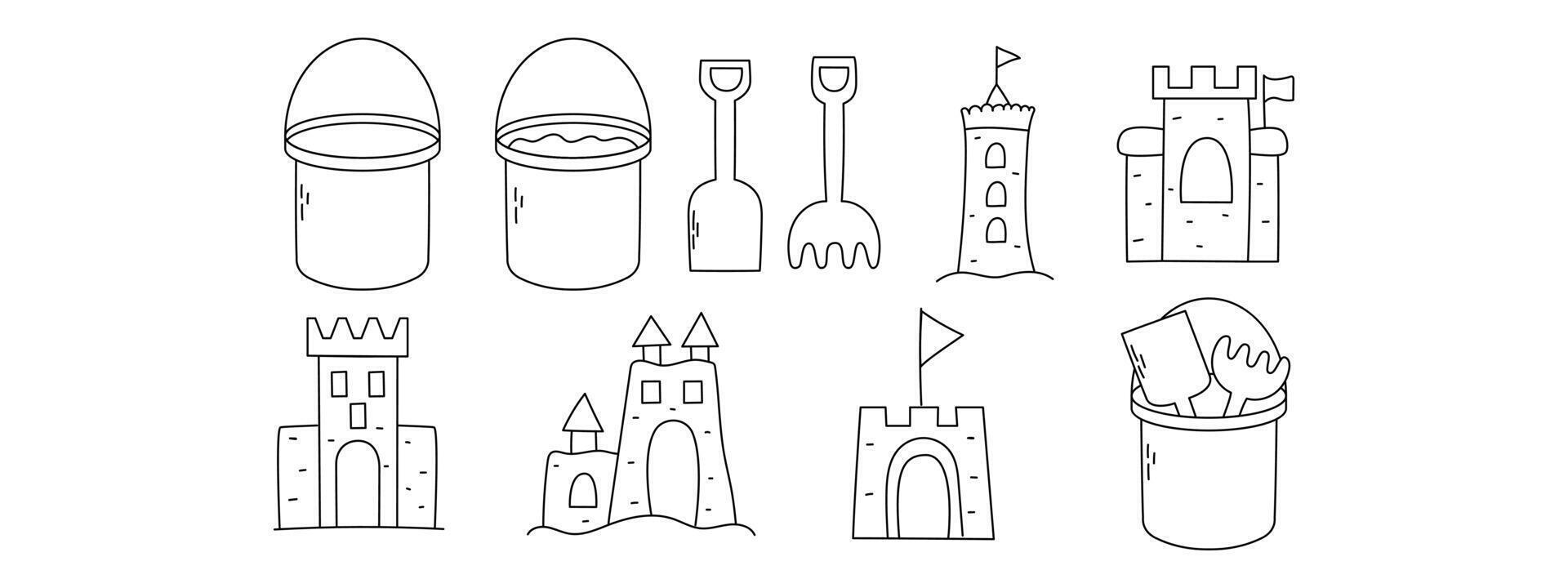 mano dibujado arena balde, castillo y cucharón herramienta vector