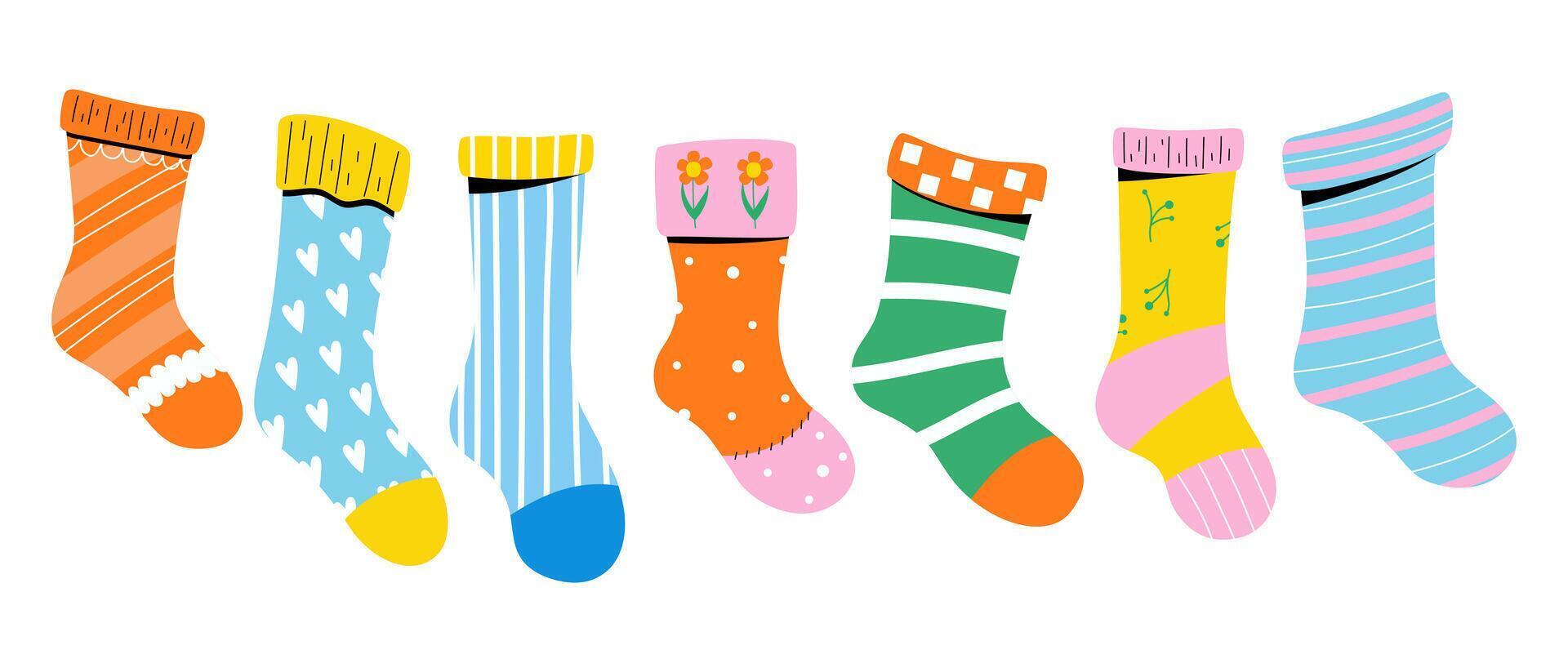 Baby socks with cute patterns and textures. Vector graphics.