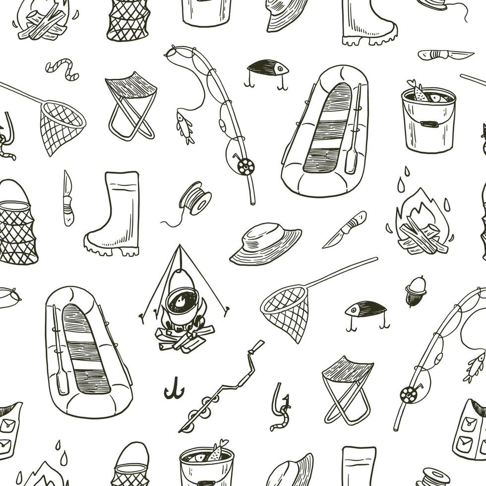 Fishing objects vector doodle seamless pattern.