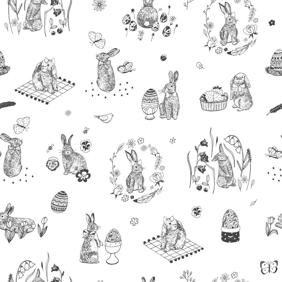 Easter rabbits, eggs and flowers vector line seamless pattern.