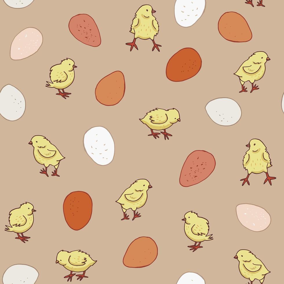 Easter eggs and chick vector seamless pattern.