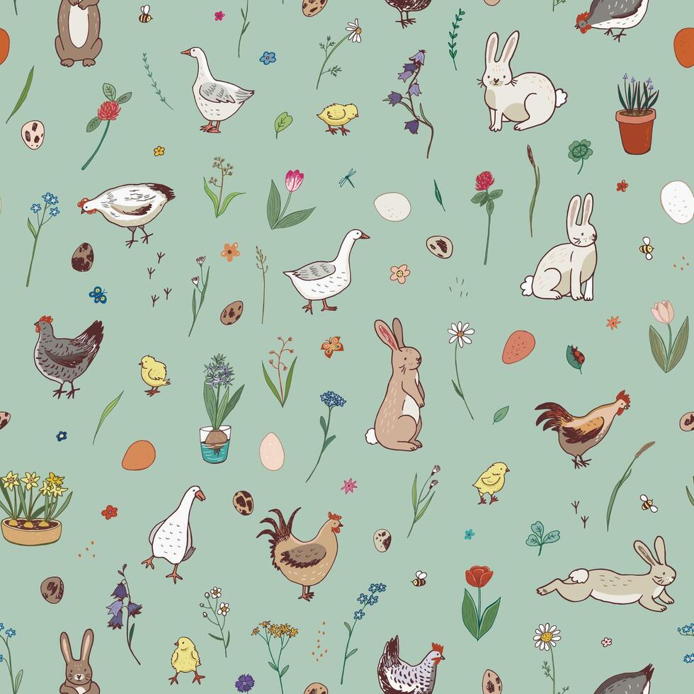 Easter rabbits, goose, eggs, chicks vector seamless pattern.