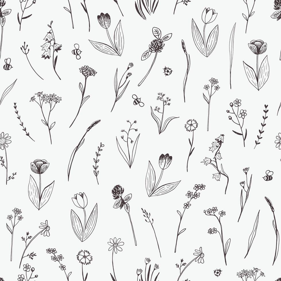 Spring flowers vector line seamless pattern.