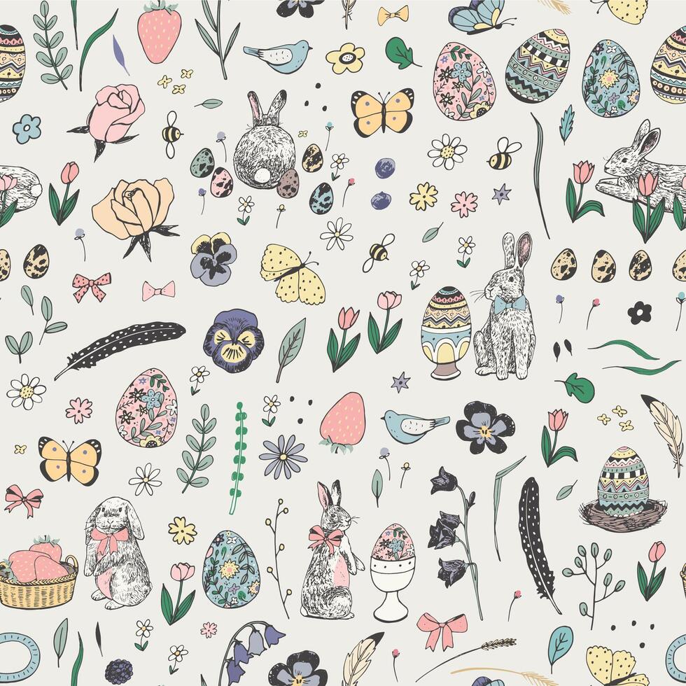 Easter rabbits, eggs and flowers vector seamless pattern.