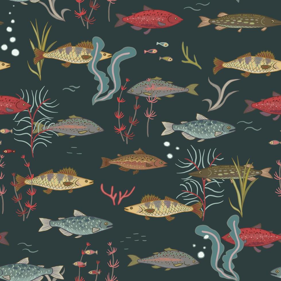 River freshwater fish vector seamless pattern.