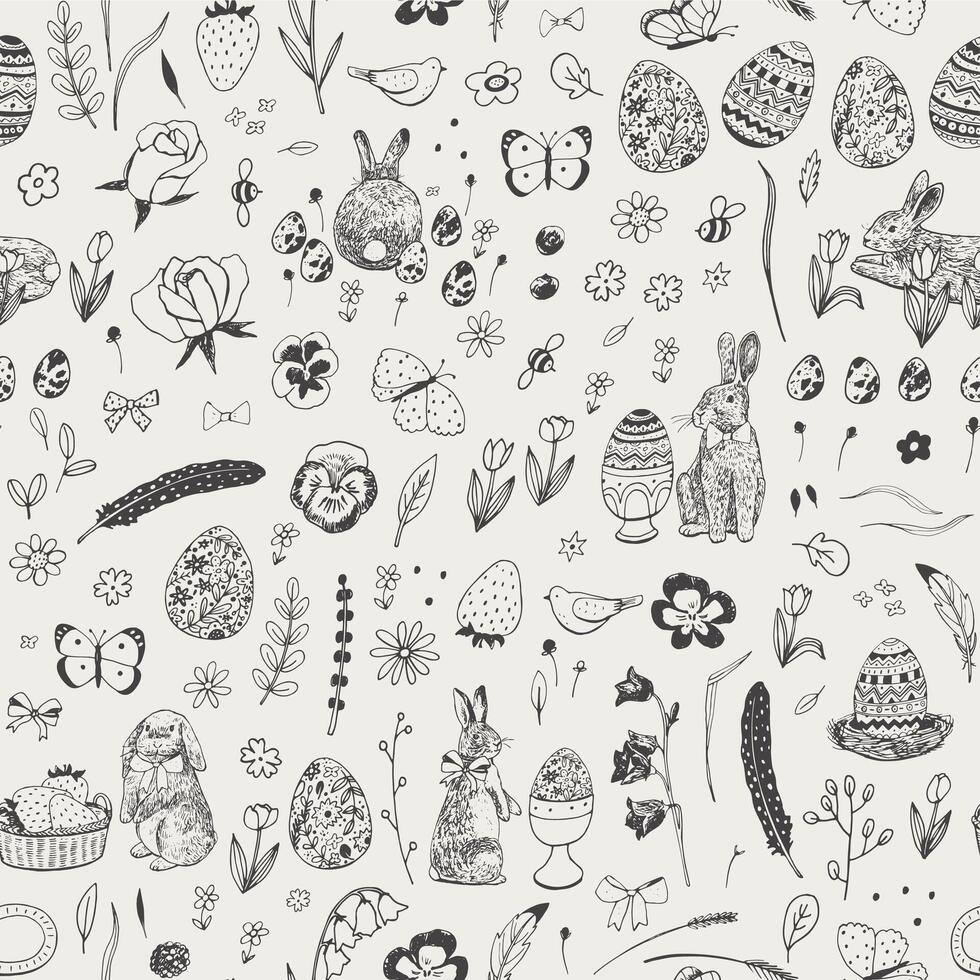 Easter rabbits, eggs and flowers vector seamless pattern.