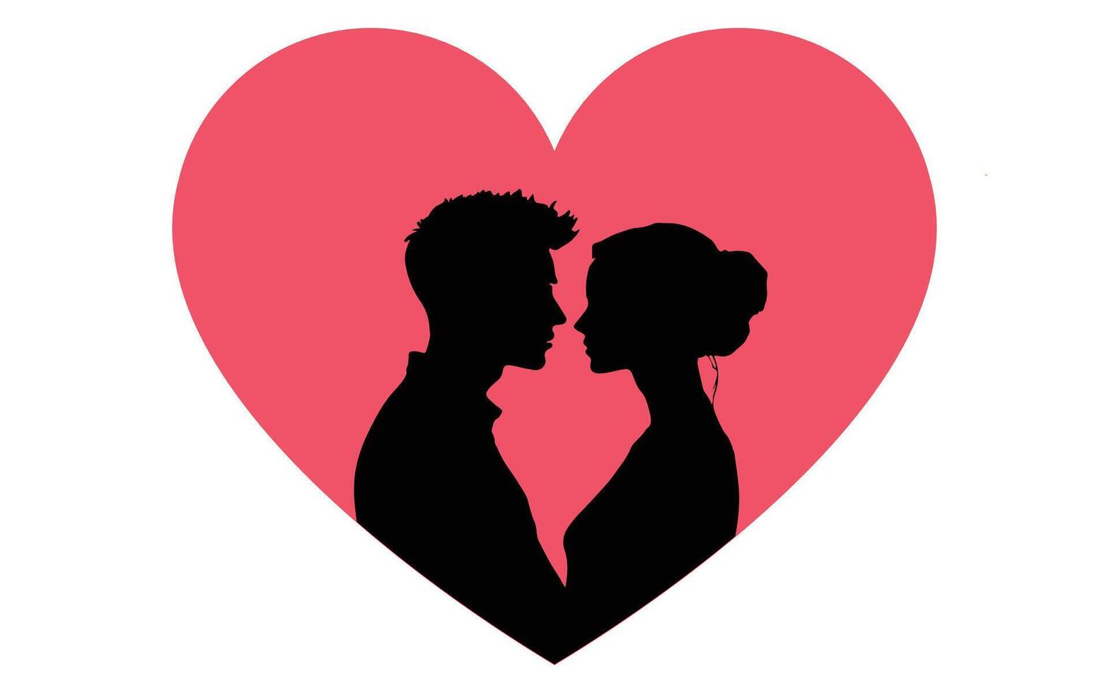 Pareja siluetas en corazón forma icono aislado. San Valentín día con rosado amor vector silueta.