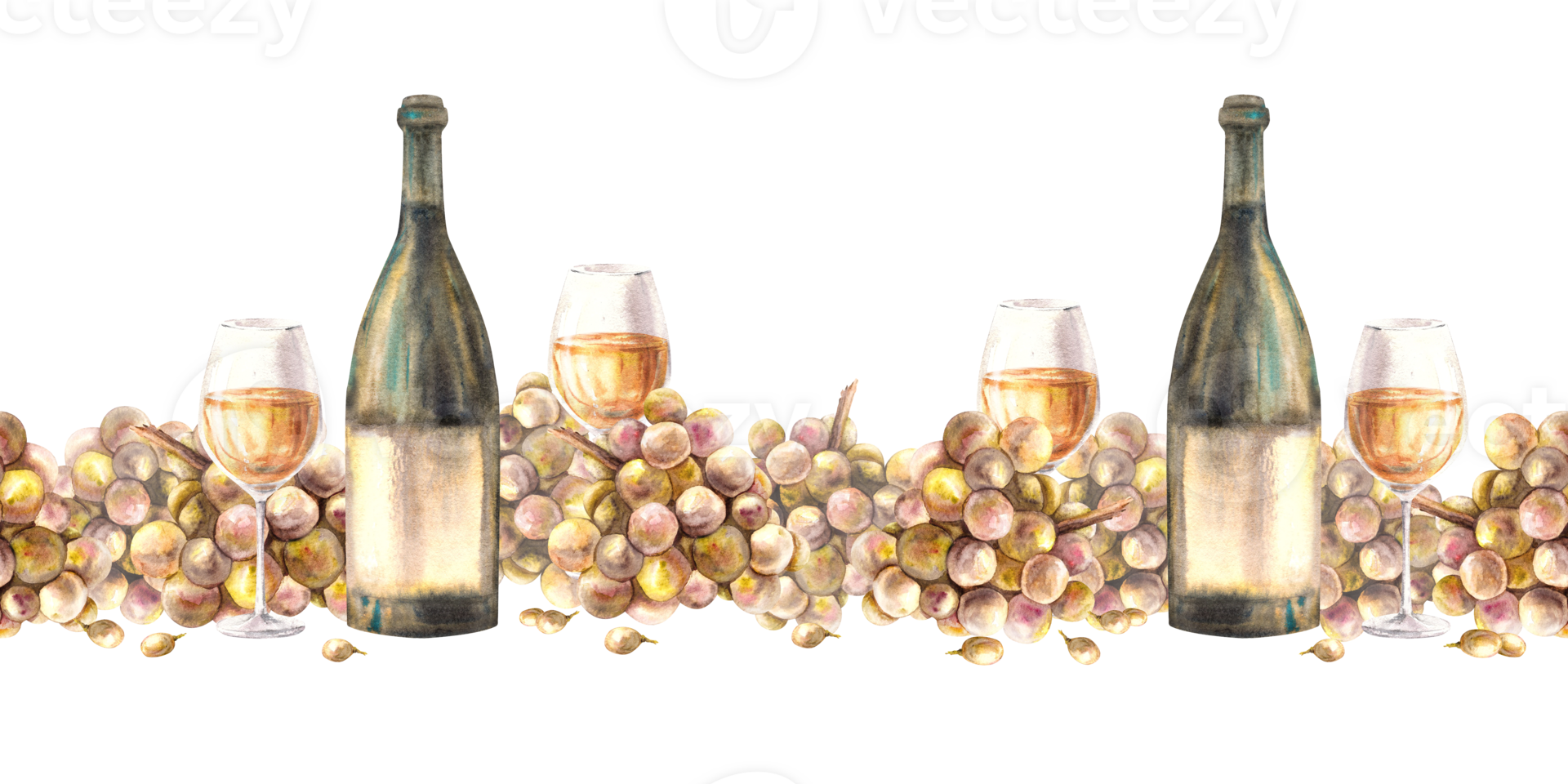 A bottle a glass of white wine with bunch of grapes seamless border Watercolour painted illustration png