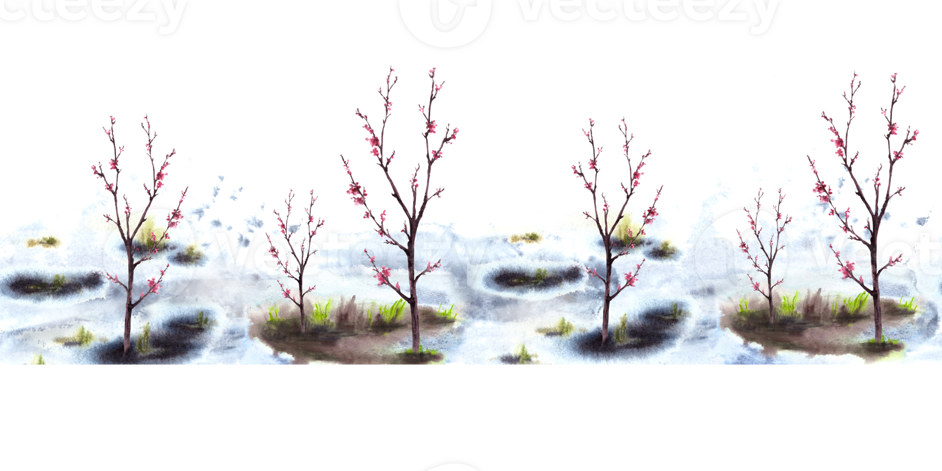 Primary plants flowers, blossoming spring trees of cherry, sakura, apricot, peach on background of melting snow seamless border, pattern illustration. Hand drawn watercolor landscape clipart png