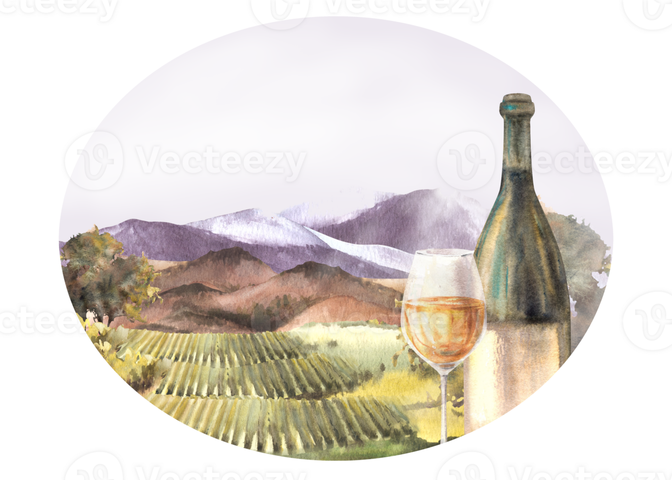 Watercolor wine oval label Bottle and glass of wine in front of vineyards rural landscape with grape fields, trees, hills, mountains Winemaking farm. Hand draw illustration png