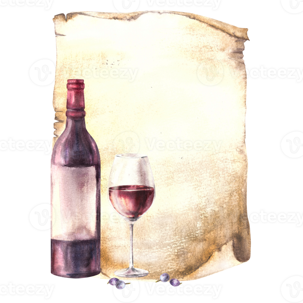 du vin bouteille et verre sur vieux papyrus feuille arrière-plan, menu, du vin liste. du vin fabrication modèle. aquarelle main dessiner nourriture illustration pour votre impression de autocollant, dépliants, boire, carte png