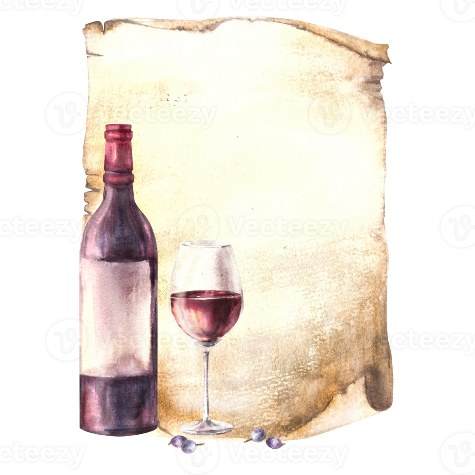 Wine bottle and glass on old papyrus leaf background, menu, wine list. Wine making template. Watercolour hand draw food illustration  for your print of sticker, flyers, drink, card png