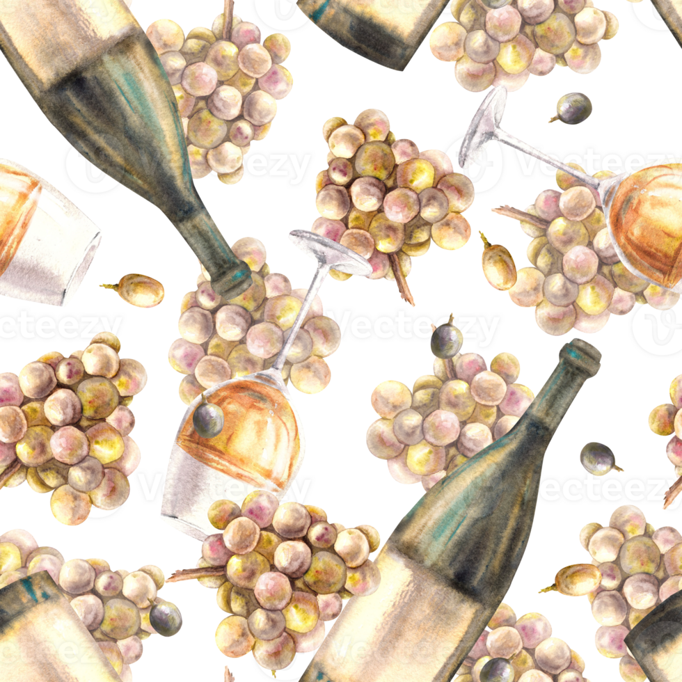 A bottle, glass of wine bunch of grapes, berries. Seamless pattern Watercolour painted illustration png