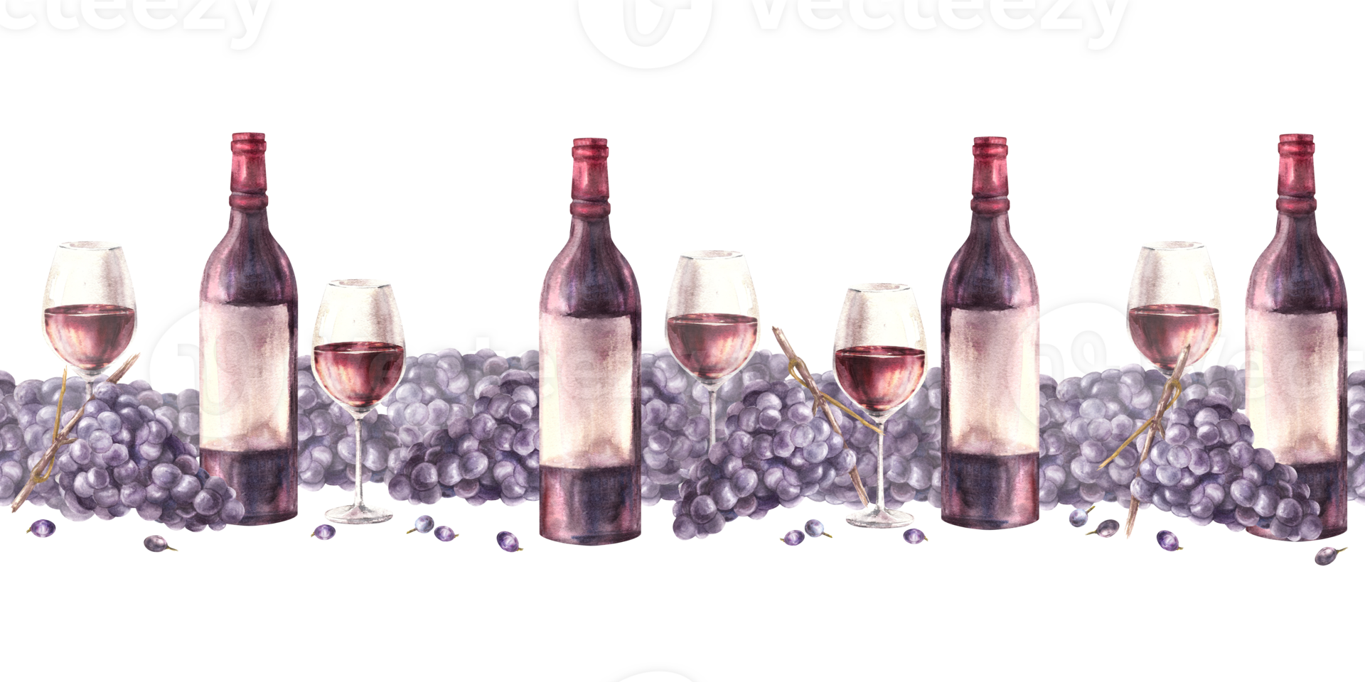 A bottle, glass of red wine with bunches of grapes Seamless border Watercolour painted illustration png