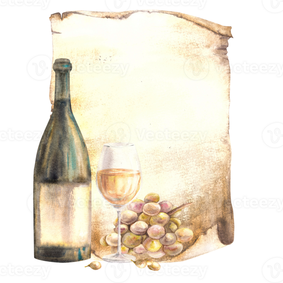 Wine bottle and glass on old papyrus leaf background, menu, wine list. Wine making template. Watercolour hand draw food illustration background for your print of sticker, flyers, drink, card png