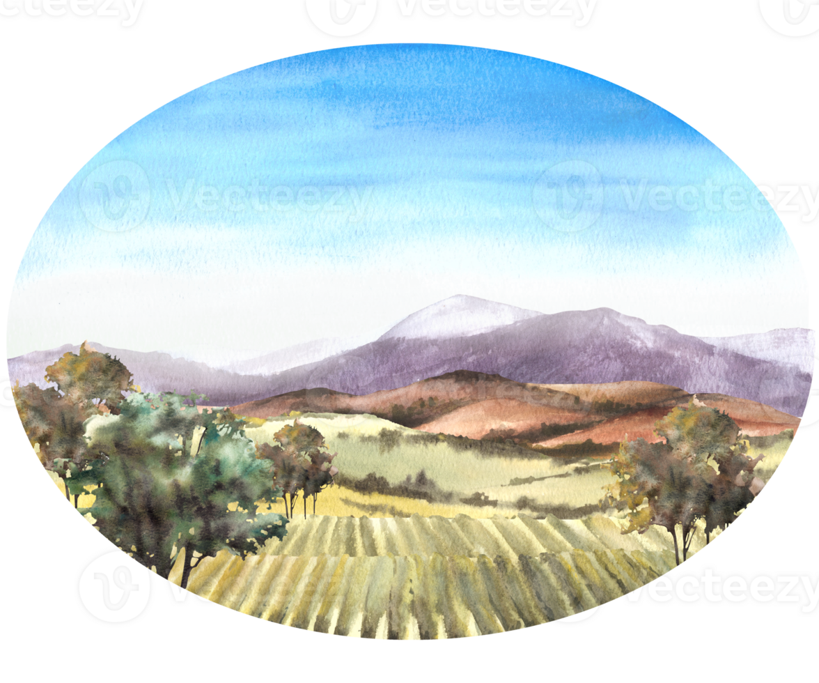 Rural landscape oval label with grape fields, vineyards, bushes, trees, grape plant, blue sky Winemaking farm field hand draw watercolor illustration Isolated Poster, sticker printing png