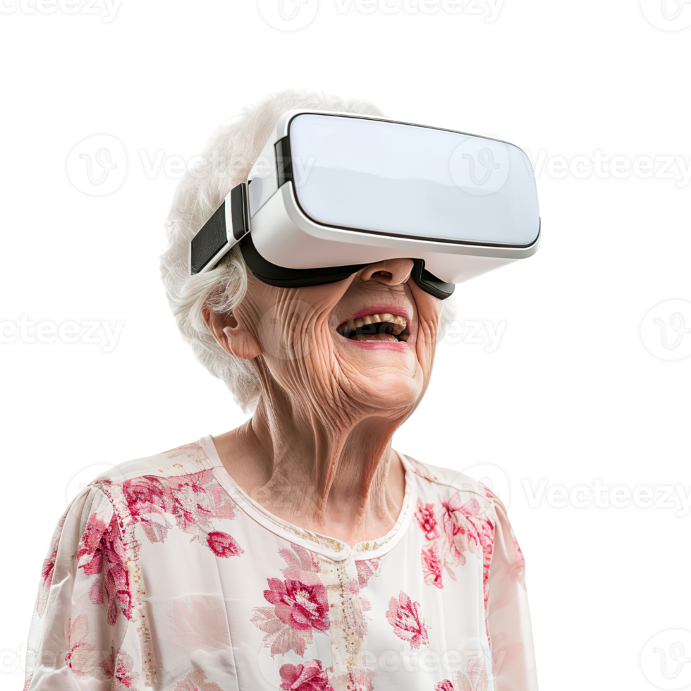 AI generated Happy Elderly in VR Glasses, Immersive Banner Template for Virtual Reality png