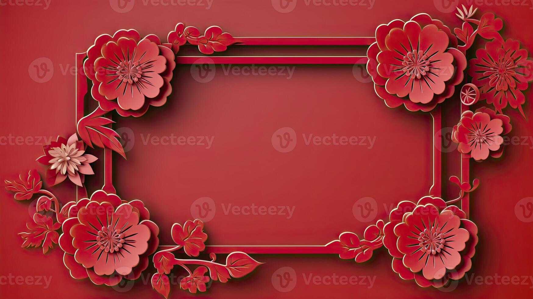 AI generated plain background with Chinese New Year theme with typical Chinese frames on each side. realistic style of paper cut art. photo